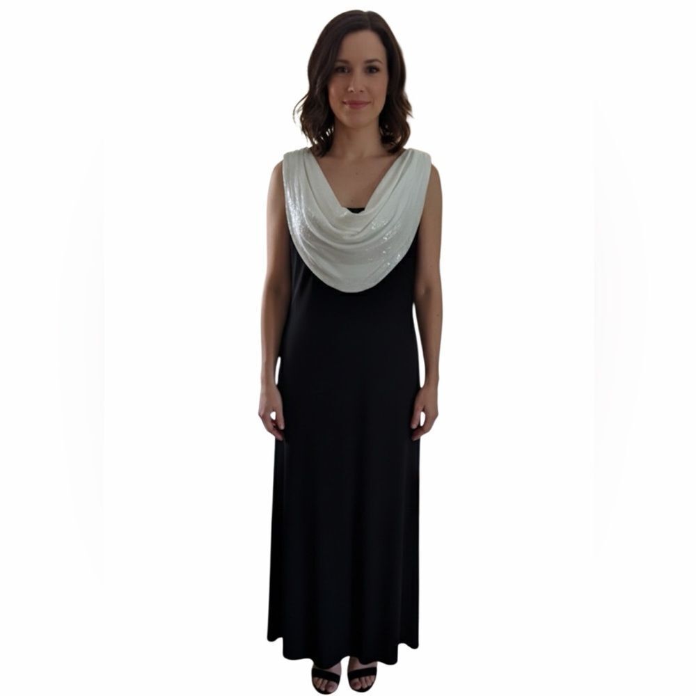 NWT Calvin Klein Black/Sequin Ivory Draped Front/Back Evening Long Dress size 10